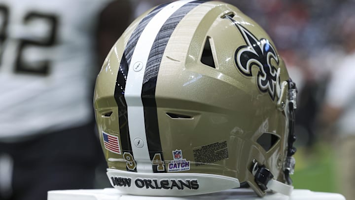 Oct 15, 2023; Houston, Texas, USA; View of a Crucial Catch logo on the helmet of New Orleans Saints defensive end Cameron Jordan (94) before the game against the Houston Texans at NRG Stadium. Mandatory Credit: Troy Taormina-Imagn Images Oct 15, 2023; Houston, Texas, USA; View of a Crucial Catch logo on the helmet of New Orleans Saints defensive end Cameron Jordan (94) before the game against the Houston Texans at NRG Stadium. Mandatory Credit: Troy Taormina-Imagn Images