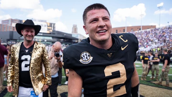 Vanderbilt quarterback Diego Pavia (2) celebrates following the game between Vanderbilt University and Louisiana State University at FirstBank Stadium in Nashville, Tenn., Saturday, Oct. 18, 2025.