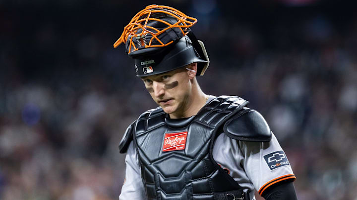 Sep 16, 2025; Phoenix, Arizona, USA; San Francisco Giants catcher Andrew Knizner against the Arizona Diamondbacks at Chase Field. Mandatory Credit: Mark J. Rebilas-Imagn Images