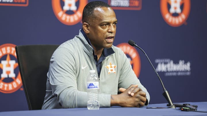 Aug 1, 2023; Houston, Texas, USA; Houston Astros general manager Dana Brown speaks with media before the game against the Cleveland Guardians at Minute Maid Park. Mandatory Credit: Troy Taormina-USA TODAY Sports