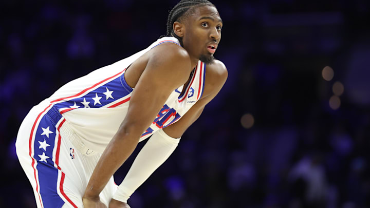 Jan 20, 2026; Philadelphia, Pennsylvania, USA; Philadelphia 76ers guard Tyrese Maxey (0) looks on during a break in the first quarter against the Phoenix Suns at Xfinity Mobile Arena. Mandatory Credit: Bill Streicher-Imagn Images