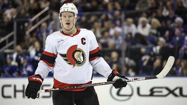 Nov 1, 2024; New York, New York, USA;  Ottawa Senators left wing Brady Tkachuk (7) prepares for a faceoff in the third period against the New York Rangers at Madison Square Garden. Mandatory Credit: Wendell Cruz-Imagn Images