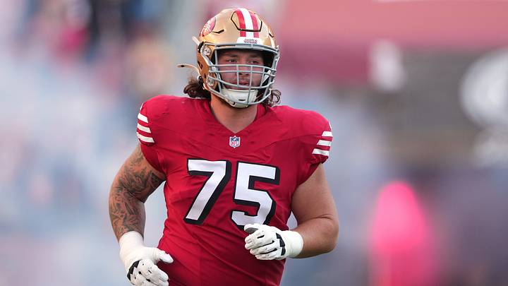 Oct 19, 2025; Santa Clara, California, USA; San Francisco 49ers guard Connor Colby (75) before the game against the Atlanta Falcons at Levi's Stadium. Mandatory Credit: Darren Yamashita-Imagn Images Oct 19, 2025; Santa Clara, California, USA; San Francisco 49ers guard Connor Colby (75) before the game against the Atlanta Falcons at Levi's Stadium. Mandatory Credit: Darren Yamashita-Imagn Images