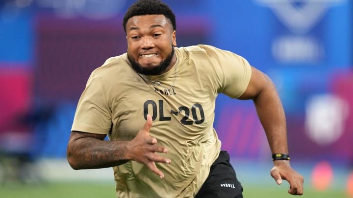Mar 3, 2024; Indianapolis, IN, USA; Notre Dame offensive lineman Blake Fisher (OL20) during the 2024 NFL Combine at Lucas Oil Stadium. Mandatory Credit: Kirby Lee-USA TODAY Sports