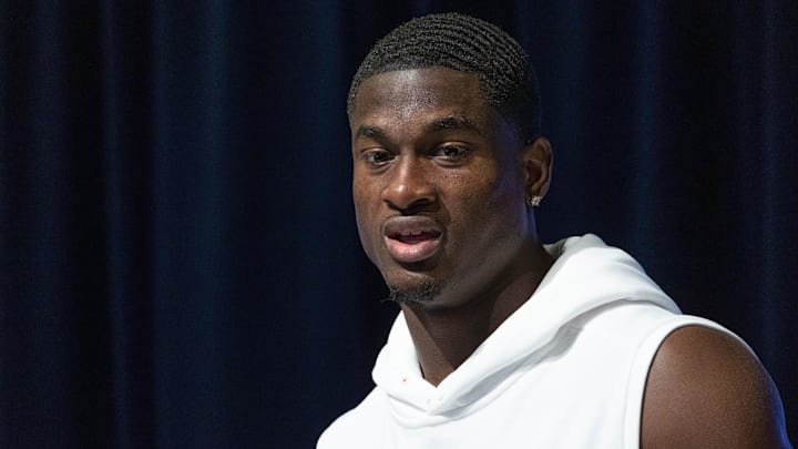 Mar 2, 2023; Indianapolis, IN, USA; Florida defensive back Trey Dean (DB44) speaks to the press at the NFL Combine at Lucas Oil Stadium.