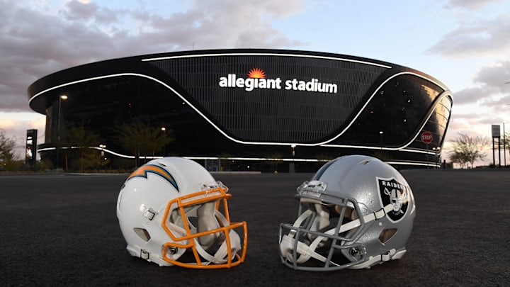 Dec 17, 2020; Paradise, Nevada, USA; A general view of Los Angeles Chargers and Las Vegas Raiders helmets at Allegiant Stadium. Mandatory Credit: Kirby Lee-Imagn Images