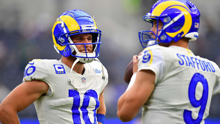 Sep 18, 2022; Inglewood, California, USA; Los Angeles Rams wide receiver Cooper Kupp (10) speaks with quarterback Matthew Stafford (9) before playing against the Atlanta Falcons at SoFi Stadium. Mandatory Credit: Gary A. Vasquez-Imagn Images Sep 18, 2022; Inglewood, California, USA; Los Angeles Rams wide receiver Cooper Kupp (10) speaks with quarterback Matthew Stafford (9) before playing against the Atlanta Falcons at SoFi Stadium. Mandatory Credit: Gary A. Vasquez-Imagn Images