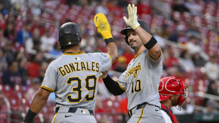 Aug 25, 2025; St. Louis, Missouri, USA;  Pittsburgh Pirates designated hitter Bryan Reynolds (10) is congratulated by second baseman Nick Gonzales (39) after hitting a two run home run against the St. Louis Cardinals during the third inning at Busch Stadium. Mandatory Credit: Jeff Curry-Imagn Images