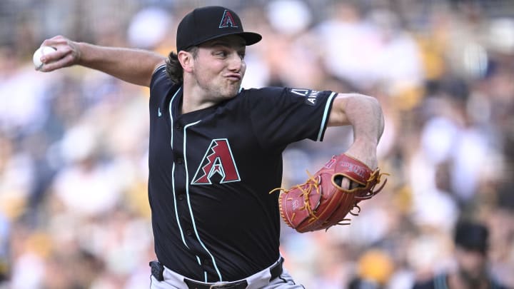 Jul 6, 2024; San Diego, California, USA; Arizona Diamondbacks starting pitcher Brandon Pfaadt (32) pitches against the San Diego Padres during the first inning at Petco Park. Mandatory Credit: Orlando Ramirez-USA TODAY Sports Jul 6, 2024; San Diego, California, USA; Arizona Diamondbacks starting pitcher Brandon Pfaadt (32) pitches against the San Diego Padres during the first inning at Petco Park. Mandatory Credit: Orlando Ramirez-USA TODAY Sports