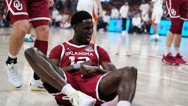 Oklahoma Sooners guard Jadon Jones (12) reacts to a Texas Longhorns foul during the first half at Moody Center. 