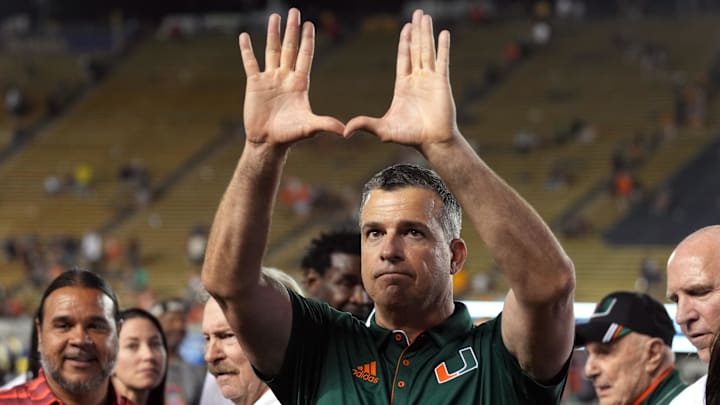 Oct 5, 2024; Berkeley, California, USA; Miami Hurricanes head coach Mario Cristobal gestures after defeating the California Golden Bears at California Memorial Stadium. Mandatory Credit: Darren Yamashita-Imagn Images