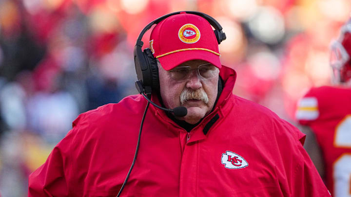 Nov 29, 2024; Kansas City, Missouri, USA; Kansas City Chiefs head coach Andy Reid on the sidelines against the Las Vegas Raiders during the first half at GEHA Field at Arrowhead Stadium. Mandatory Credit: Denny Medley-Imagn Images