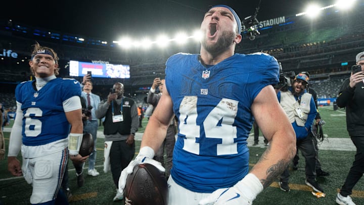 New York Giants running back Cam Skattebo (44) screams after winning a Thursday Night Football game between the New York Giants and the Philadelphia Eagles at MetLife Stadium in East Rutherford on Oct. 9, 2025.