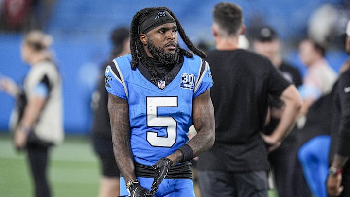 Oct 13, 2024; Charlotte, North Carolina, USA; Carolina Panthers wide receiver Diontae Johnson (5) makes his way back to the locker room after the end of the second half against the Atlanta Falcons at Bank of America Stadium.