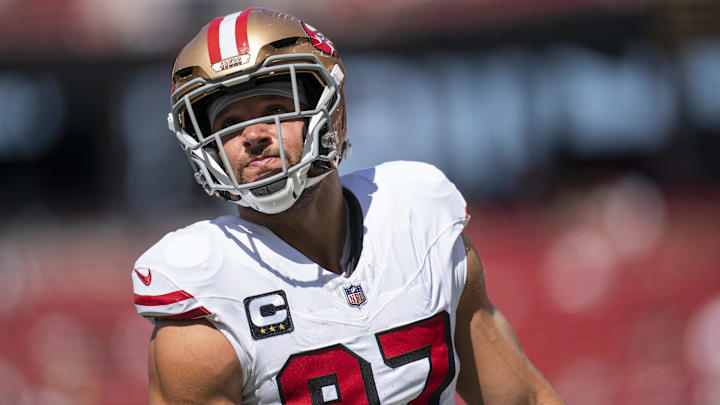 Sep 21, 2025; Santa Clara, California, USA; San Francisco 49ers defensive end Nick Bosa (97) on the field during warm ups prior to a game against the Arizona Cardinals during the first half at Levi's Stadium. Mandatory Credit: Cary Edmondson-Imagn Images Sep 21, 2025; Santa Clara, California, USA; San Francisco 49ers defensive end Nick Bosa (97) on the field during warm ups prior to a game against the Arizona Cardinals during the first half at Levi's Stadium. Mandatory Credit: Cary Edmondson-Imagn Images