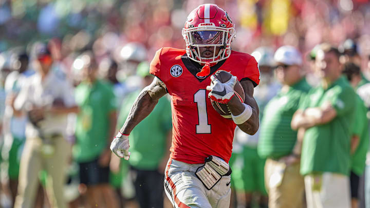 Aug 30, 2025; Athens, Georgia, USA; Georgia Bulldogs wide receiver Zachariah Branch (1) runs for a touchdown after catching a pass against the Marshall Thundering Herd at Sanford Stadium. Mandatory Credit: Dale Zanine-Imagn Images Aug 30, 2025; Athens, Georgia, USA; Georgia Bulldogs wide receiver Zachariah Branch (1) runs for a touchdown after catching a pass against the Marshall Thundering Herd at Sanford Stadium. Mandatory Credit: Dale Zanine-Imagn Images