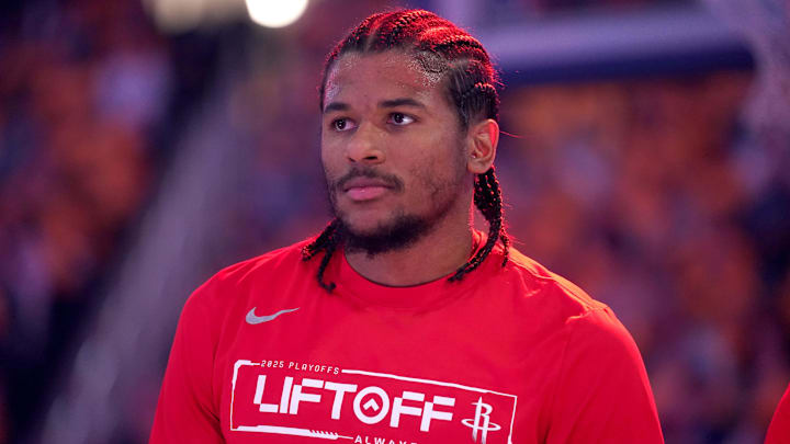 May 2, 2025; San Francisco, California, USA; Houston Rockets guard Jalen Green (4) stands on the court against the Golden State Warriors before the start of game six of the first round for the 2025 NBA Playoffs at Chase Center. Mandatory Credit: Cary Edmondson-Imagn Images