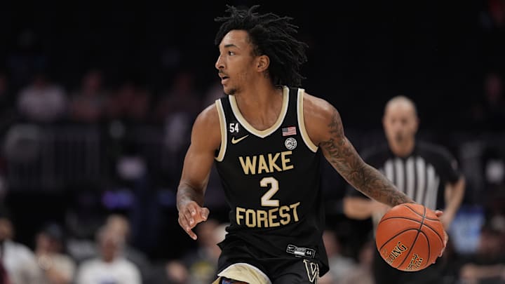 Mar 10, 2026; Charlotte, NC, USA; Wake Forest Demon Deacons forward Juke Harris (2) brings the ball up court against the Virginia Tech Hokies during the second half at Spectrum Center. Mandatory Credit: Jim Dedmon-Imagn Images