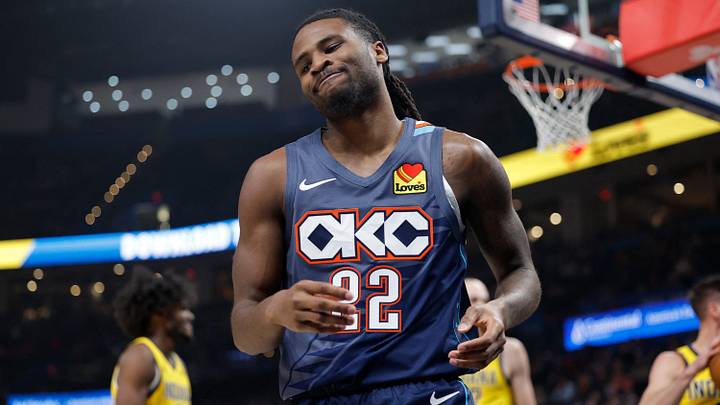 Jan 23, 2026; Oklahoma City, Oklahoma, USA; Oklahoma City Thunder guard Cason Wallace (22) reacts after a play against the Indiana Pacers during the second quarter at Paycom Center. Mandatory Credit: Alonzo Adams-Imagn Images
