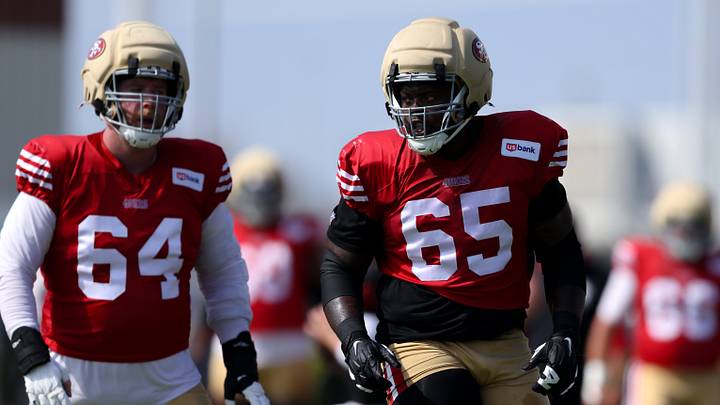 Aug 6, 2026; Santa Clara, CA, USA; San Francisco 49ers offensive tackle Robert Jones (65) during training camp at SAP Performance Facility. Mandatory Credit: Sergio Estrada-Imagn Images Aug 6, 2026; Santa Clara, CA, USA; San Francisco 49ers offensive tackle Robert Jones (65) during training camp at SAP Performance Facility. Mandatory Credit: Sergio Estrada-Imagn Images