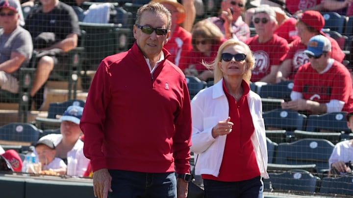 March 9, 2025; Tempe, Arizona, USA; Los Angeles Angels owner Arte Moreno arrives  for a game against the Cincinnati Reds at Tempe Diablo Stadium. Mandatory Credit: Rick Scuteri-Imagn Images