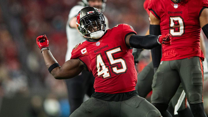 Dec 24, 2023; Tampa, Florida, USA; Tampa Bay Buccaneers linebacker Devin White (45) celebrates a sack against the Jacksonville Jaguars at Raymond James Stadium. Mandatory Credit: Jeremy Reper-Imagn Images Dec 24, 2023; Tampa, Florida, USA; Tampa Bay Buccaneers linebacker Devin White (45) celebrates a sack against the Jacksonville Jaguars at Raymond James Stadium. Mandatory Credit: Jeremy Reper-Imagn Images