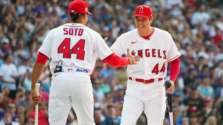 Jul 12, 2021; Denver, CO, USA; Washington Nationals right fielder Juan Soto greets Los Angeles