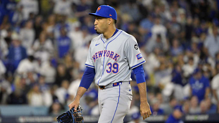 Oct 20, 2024; Los Angeles, California, USA; New York Mets pitcher Edwin Diaz (39) walks to the dugout in the fourth inning against the Los Angeles Dodgers during game six of the NLCS for the 2024 MLB playoffs at Dodger Stadium. Mandatory Credit: Jayne Kamin-Oncea-Imagn Images