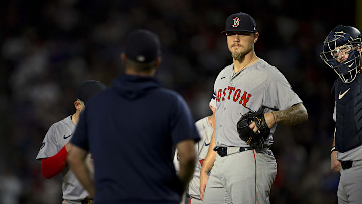 Aug 3, 2024; Arlington, Texas, USA; Boston Red Sox starting pitcher Tanner Houck (89) in action during the game between the Texas Rangers and the Boston Red Sox at Globe Life Field. Mandatory Credit: Jerome Miron-Imagn Images