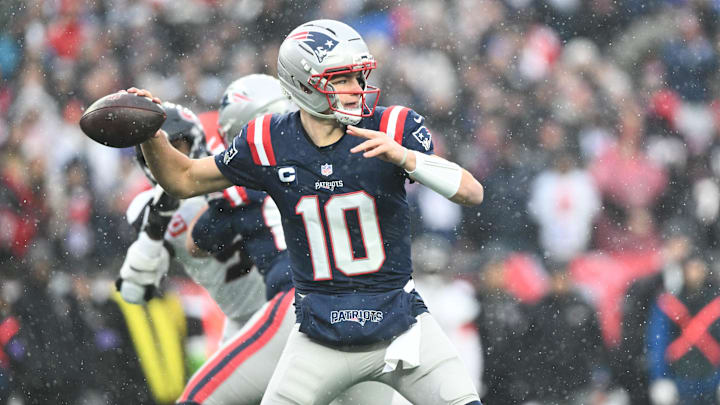 Jan 18, 2026; Foxborough, MA, USA; New England Patriots quarterback Drake Maye (10) throws in the first quarter in an AFC Divisional Round game against the Houston Texans at Gillette Stadium. Mandatory Credit: Brian Fluharty-Imagn Images