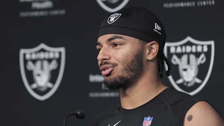 Las Vegas Raiders safety Treydan Stukes speaks during a news conference.