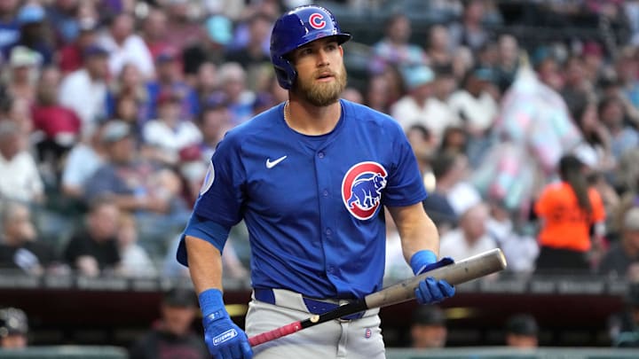 Mar 29, 2025; Phoenix, Arizona, USA; Chicago Cubs third base Gage Workman (25) hits against the Arizona Diamondbacks in the second inning at Chase Field. Mar 29, 2025; Phoenix, Arizona, USA; Chicago Cubs third base Gage Workman (25) hits against the Arizona Diamondbacks in the second inning at Chase Field.