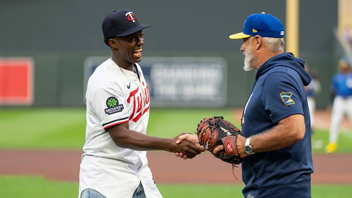 Jul 24, 2026; Minneapolis, Minnesota, USA; Minnesota Twins 2026 first-round draft pick Vahn Lackey throws out a first pitch to manager Derek Shelton (8) prior to the game against the Athletics at Target Field. Mandatory Credit: Jordan Johnson-Imagn Images Jul 24, 2026; Minneapolis, Minnesota, USA; Minnesota Twins 2026 first-round draft pick Vahn Lackey throws out a first pitch to manager Derek Shelton (8) prior to the game against the Athletics at Target Field. Mandatory Credit: Jordan Johnson-Imagn Images