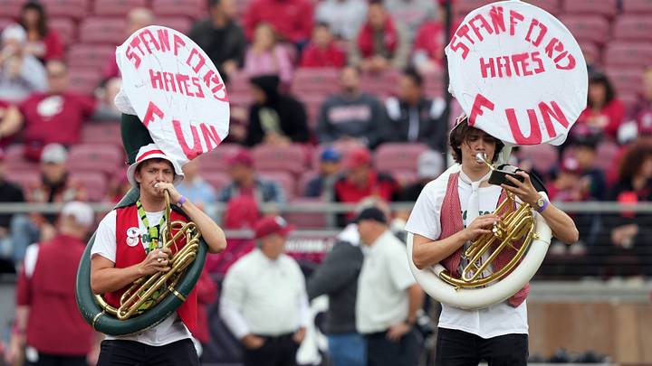 Nov 5, 2022; Stanford, California, USA; Stanford Cardinal marching band tuba players display a message on their instruments before the game against the Washington State Cougars at Stanford Stadium. 