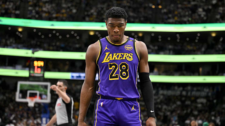 Apr 9, 2025; Dallas, Texas, USA; Los Angeles Lakers forward Rui Hachimura (28) during the game between the Dallas Mavericks and the Los Angeles Lakers at American Airlines Center. Mandatory Credit: Jerome Miron-Imagn Images