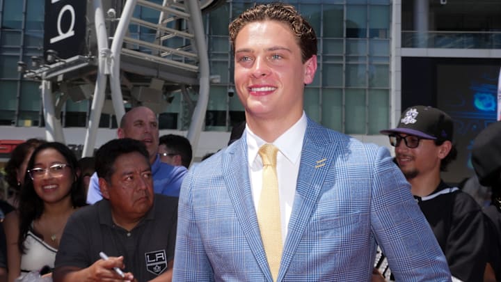 Jun 27, 2025; Los Angeles, California, USA; James Hagens arrives to the first round of the 2025 NHL Draft at Peacock Theater. Mandatory Credit: Kirby Lee-Imagn Images
