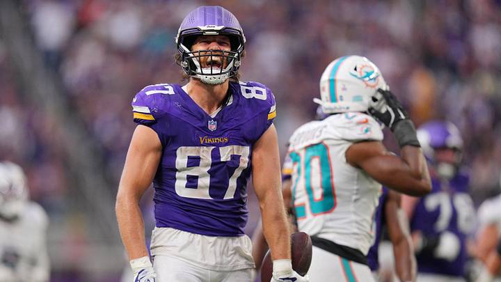 Oct 4, 2026; Minneapolis, Minnesota, USA;  Minnesota Vikings tight end T.J. Hockenson (87) celebrates after making a catch during the fourth quarter against the Miami Dolphins at U.S. Bank Stadium.  Mandatory Credit: Brad Rempel-Imagn Images