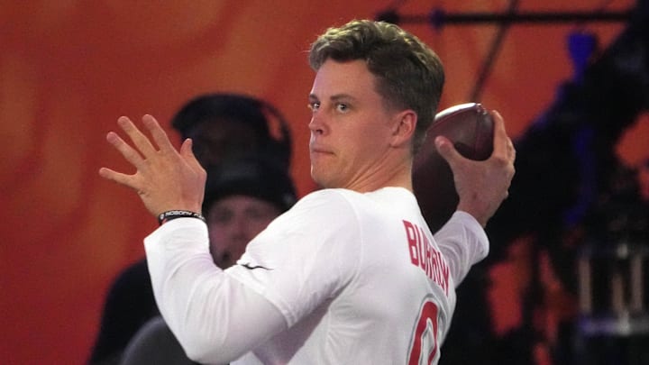 Jan 30, 2025; Orlando, FL, USA; AFC quarterback Joe Burrow of the Cincinnati Bengals throws the ball during the Passing the Test event at the Pro Bowl Skills Challenge at Nicholson Fieldhouse. Mandatory Credit: Kirby Lee-Imagn Images