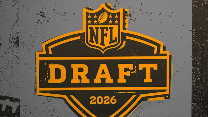 The 2026 NFL Draft logo at the Super Bowl LX Experience at the Moscone Center. 