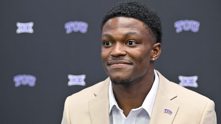Jul 12, 2023; Arlington, TX, USA; TCU Horned Frogs safety Bud Clark is interviewed during Big 12 football media day at AT&T Stadium. Mandatory Credit: Jerome Miron-Imagn Images