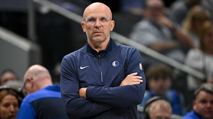 Mar 31, 2025; Dallas, Texas, USA; Dallas Mavericks head coach Jason Kidd looks on during the first quarter against the Brooklyn Nets at the American Airlines Center. Mandatory Credit: Jerome Miron-Imagn Images