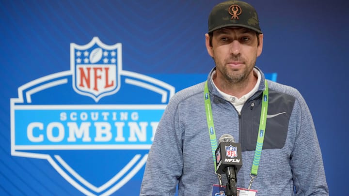 Feb 25, 2025; Indianapolis, IN, USA; Indianapolis Colts coach Shane Steichen speaks during the NFL Scouting Combine at the Indiana Convention Center. Mandatory Credit: Kirby Lee-Imagn Images