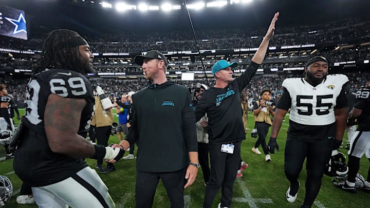 Nov 2, 2025; Paradise, Nevada, USA; The Jacksonville Jaguars head coach Liam Coen waves to fans after the win against the Las Vegas Raiders at Allegiant Stadium. Mandatory Credit: Kirby Lee-Imagn Images