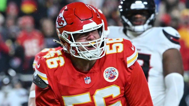 Dec 7, 2025; Kansas City, Missouri, USA; Kansas City Chiefs defensive end George Karlaftis (56) celebrates after a tackle during the first quarter against the Houston Texans at GEHA Field at Arrowhead Stadium. Mandatory Credit: Amy Kontras-Imagn Images | Amy Kontras-Imagn Images