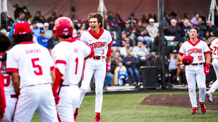 Corona High's Billy Carlson (3) celebrates after rounding the bases from a home run against La Mirada in the Boras Classic final.