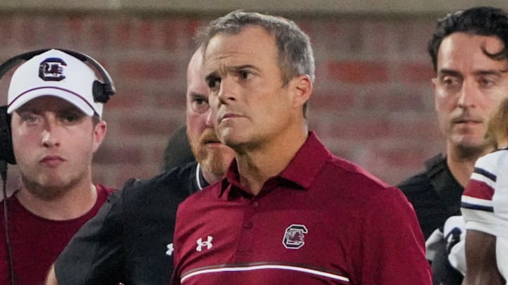 Sep 20, 2025; Columbia, Missouri, USA; South Carolina Gamecocks head coach Shane Beamer on the sidelines against the Missouri Tigers during the first half of the game at Faurot Field at Memorial Stadium. Mandatory Credit: Denny Medley-Imagn Images