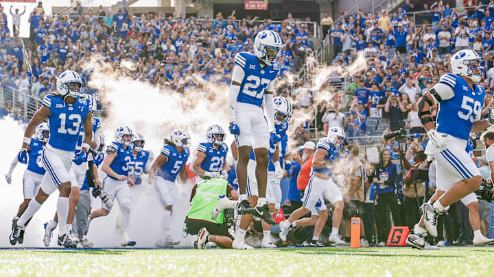 BYU safety Matthias Leach runs out for Pop-Tarts Bowl BYU safety Matthias Leach runs out for Pop-Tarts Bowl