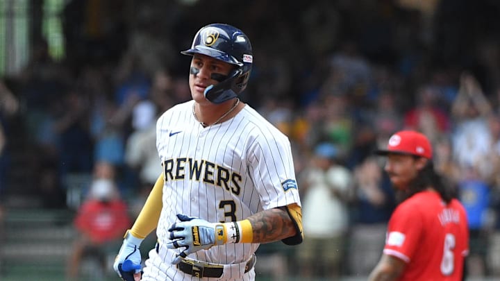 Jun 15, 2024; Milwaukee, Wisconsin, USA; Milwaukee Brewers third base Joey Ortiz (3) rounds the bases after hitting a home run against the Cincinnati Reds in the fifth inning at American Family Field. Mandatory Credit: Michael McLoone-USA TODAY Sports