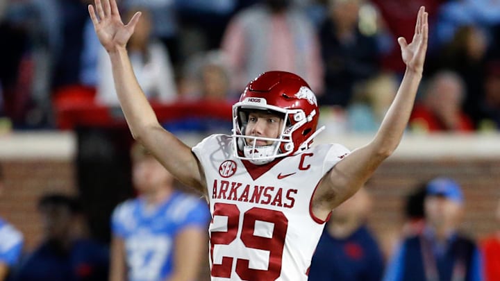 Oct 7, 2023; Oxford, Mississippi, USA; Arkansas Razorbacks kicker Cam Little (29) reacts after