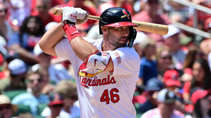 Jun 9, 2024; St. Louis, Missouri, USA; St. Louis Cardinals first base Paul Goldschmidt (46) at bat against the Colorado Rockies at Busch Stadium. Jun 9, 2024; St. Louis, Missouri, USA; St. Louis Cardinals first base Paul Goldschmidt (46) at bat against the Colorado Rockies at Busch Stadium.